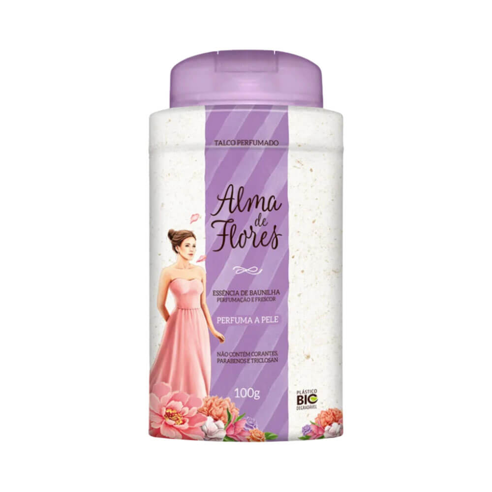 Talco Memphis Alma de Flores Baunilha em embalagem branca com tampa roxa e rótulo roxo com ilustração feminina e flores